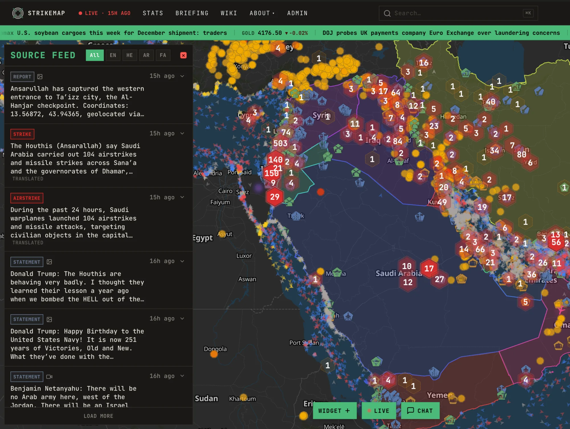 StrikeMap's live conflict map with the multilingual source feed